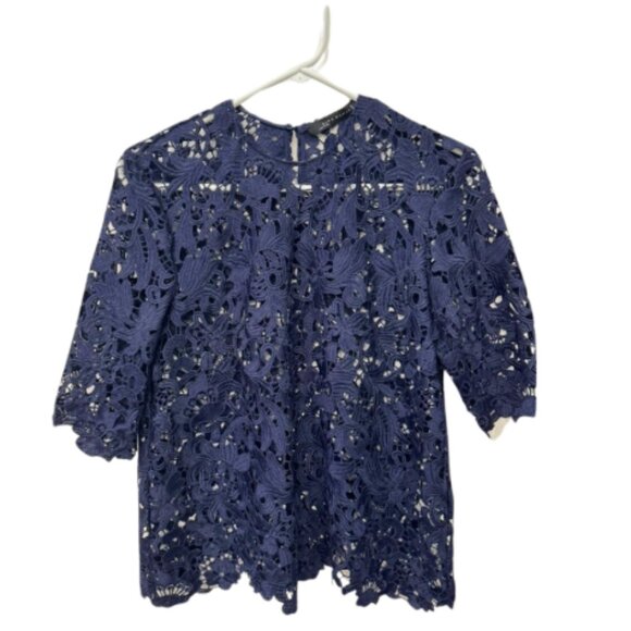 ZARA Lace Top with short sleeves / Navy Blue / Size S - Picture 4 of 6